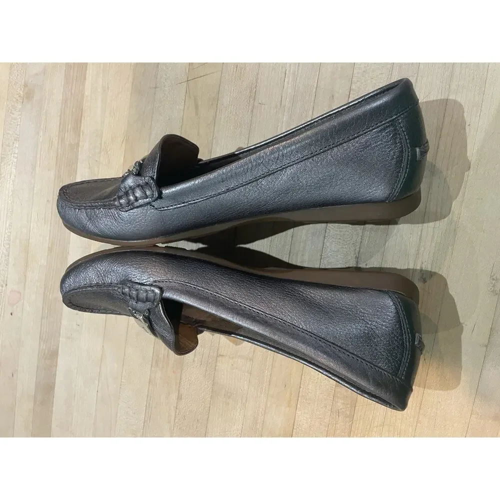 Coach “Olive” Leather Driving Loafers 7.5 Pewter Pebbled Leather Slip On Flats
